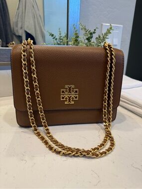 Tory Burch Brown Britten Leather Shoulder Bag with Gold Chain